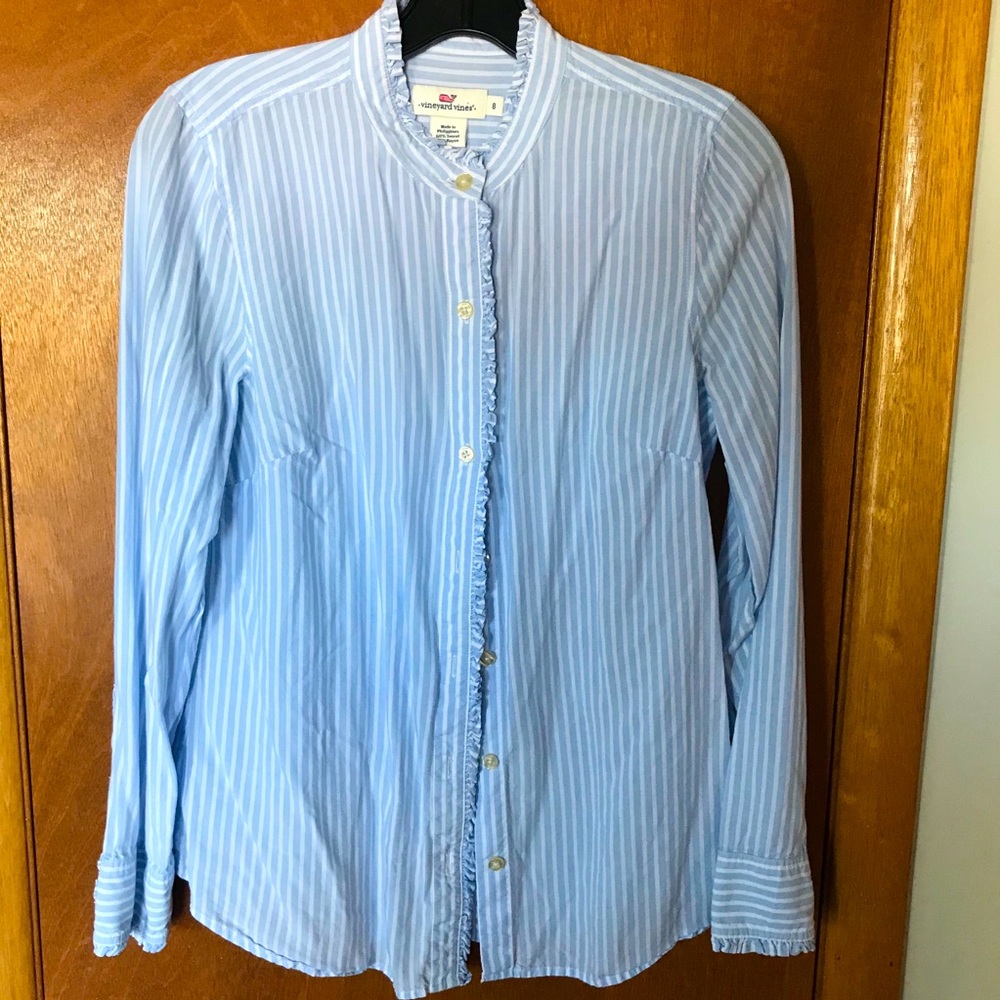 Vineyard Vines Lt Blue Striped Ruffle Blouse - Picture 1 of 6